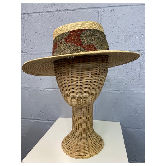 Vintage 1980s Natural Straw Fedora Sun Hat Bloomingdales Italy Silk Paisley main image 12